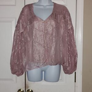 On Twelfth light mauve silver striped puff sleeve blouse Sz S